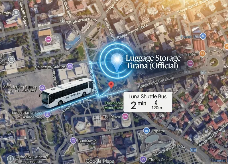 Map showing Luggage Storage Tirana is only 2 minutes / 120m walk from the Luna Shuttle Bus stop in central Tirana